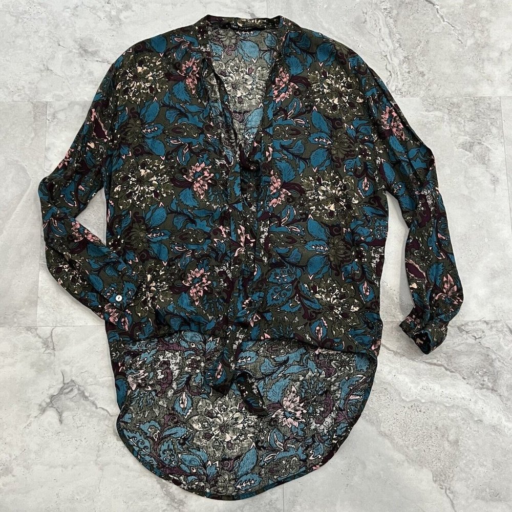 Knot Sisters Women Blue Green Paisley 3/4 Sleeve Blouse‎ Sz Xsmall XS Tie Neck